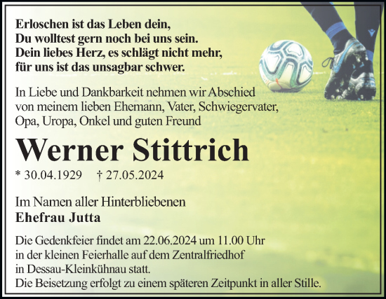Traueranzeige von Werner Stittrich von Trauerkombi Dessau