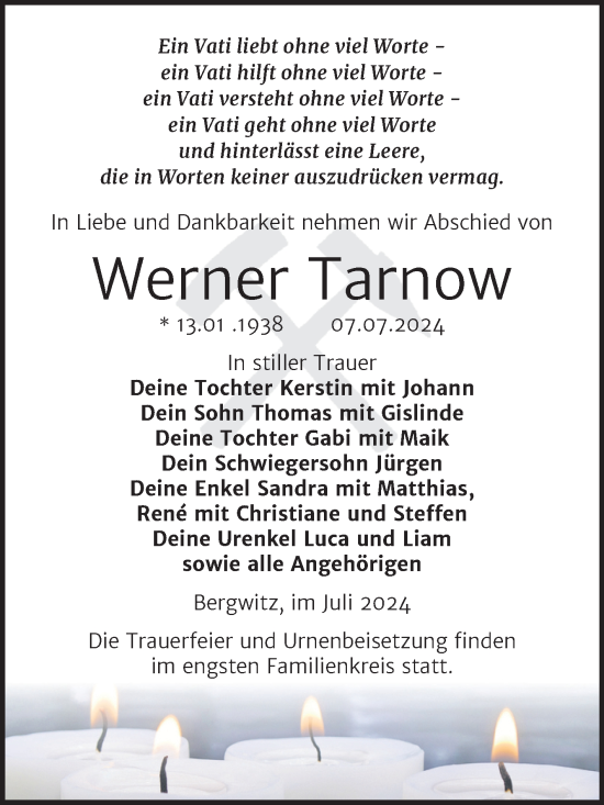 Traueranzeige von Werner Tarnow von Trauerkombi Wittenberg