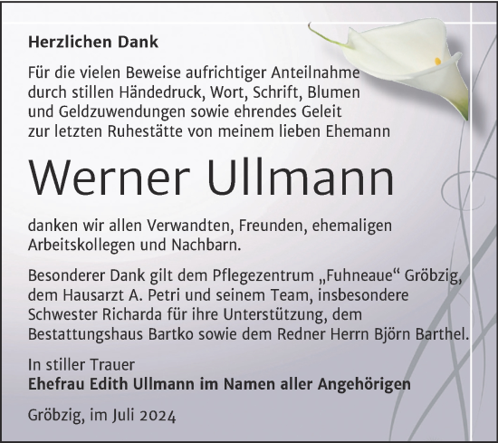 Traueranzeige von Werner Ullmann von Trauerkombi Köthen