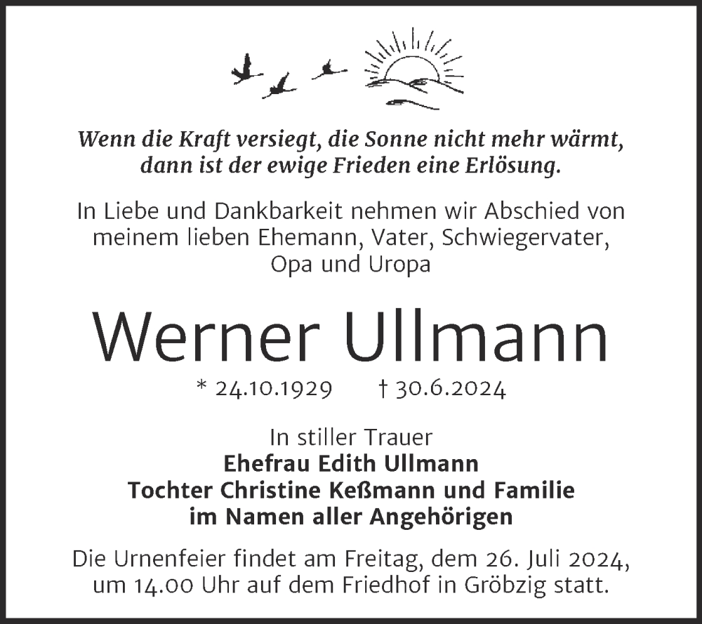  Traueranzeige für Werner Ullmann vom 13.07.2024 aus Trauerkombi Köthen