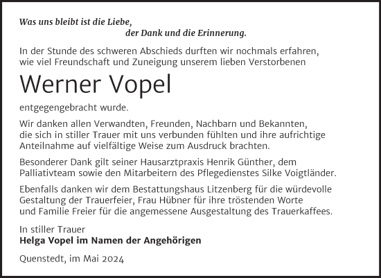 Traueranzeige von Werner Vopel von Trauerkombi Mansfelder Land