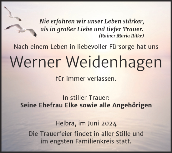 Traueranzeige von Werner Weidenhagen von Trauerkombi Mansfelder Land