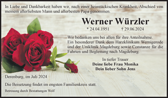 Traueranzeige von Werner Würzler von Volksstimme Wernigerode