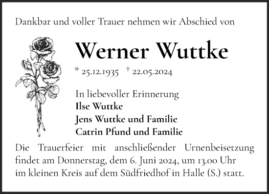 Traueranzeige von Werner Wuttke von Mitteldeutsche Zeitung Halle/Saalkreis