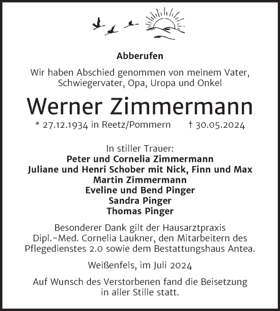 Traueranzeige von Werner Zimmermann von Trauerkombi Weißenfels