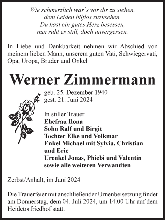 Traueranzeige von Werner Zimmermann von Volksstimme Zerbst