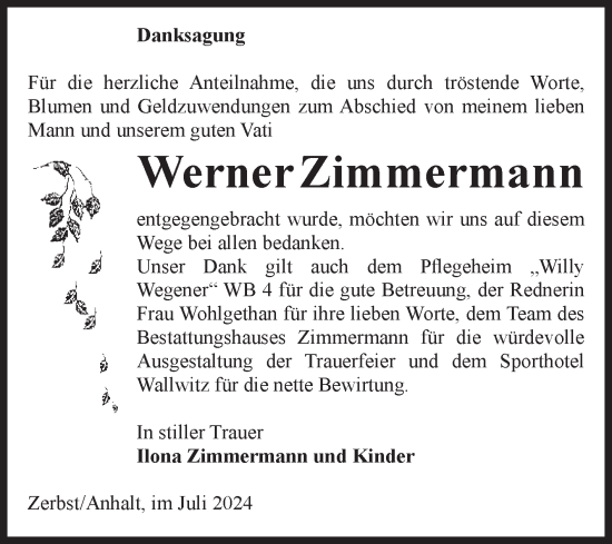 Traueranzeige von Werner Zimmermann von Volksstimme Zerbst