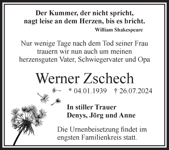 Traueranzeige von Werner Zschech von Volksstimme Staßfurt