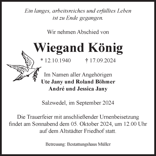 Traueranzeige von Wiegand König von Volksstimme Altmark West
