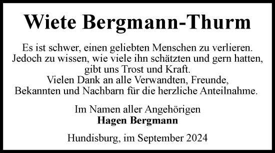 Traueranzeige von Wiete Bergmann-Thurm von Volksstimme Haldensleben/Wolmirstedt