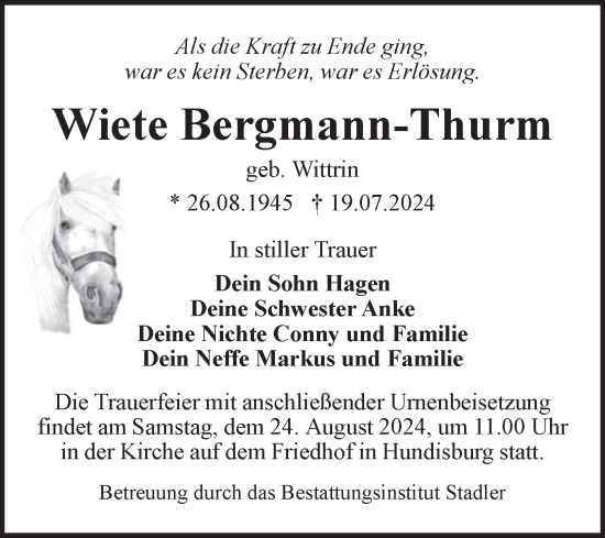 Traueranzeige von Wiete Bergmann-Thurm von Volksstimme Haldensleben/Wolmirstedt