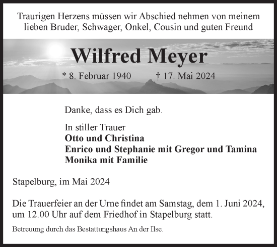 Traueranzeige von Wilfred Meyer von Volksstimme Wernigerode
