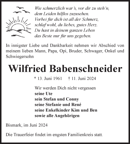 Traueranzeige von Wilfried Babenschneider von Volksstimme Altmark Ost
