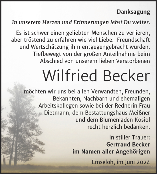 Traueranzeige von Wilfried Becker von Trauerkombi Sangerhausen