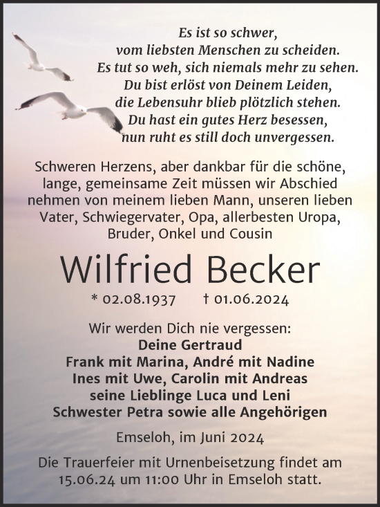 Traueranzeige von Wilfried Becker von Trauerkombi Sangerhausen