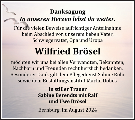 Traueranzeige von Wilfried Brösel von Trauerkombi Bernburg