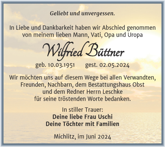 Traueranzeige von Wilfried Büttner von Trauerkombi Weißenfels