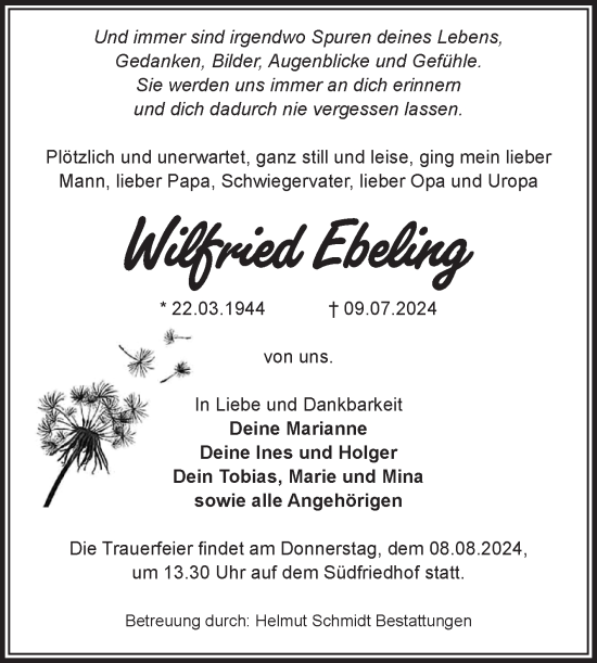 Traueranzeige von Wilfried Ebeling von Volksstimme Magdeburg