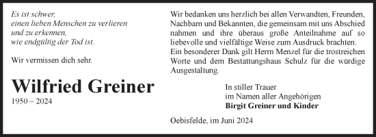 Traueranzeige von Wilfried Greiner von Volksstimme Altmark West