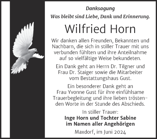 Traueranzeige von Wilfried Horn von Trauerkombi Köthen