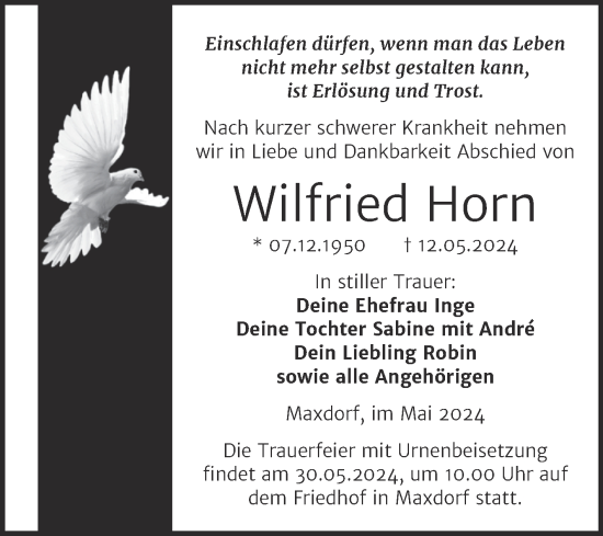Traueranzeige von Wilfried Horn von Trauerkombi Köthen