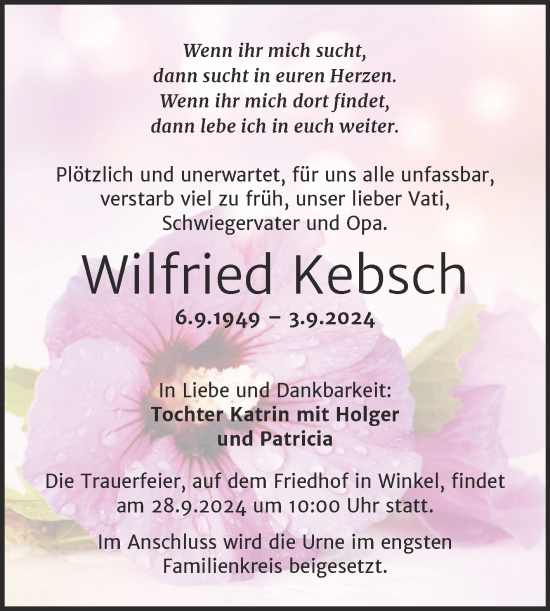 Traueranzeige von Wilfried Kebsch von Trauerkombi Sangerhausen