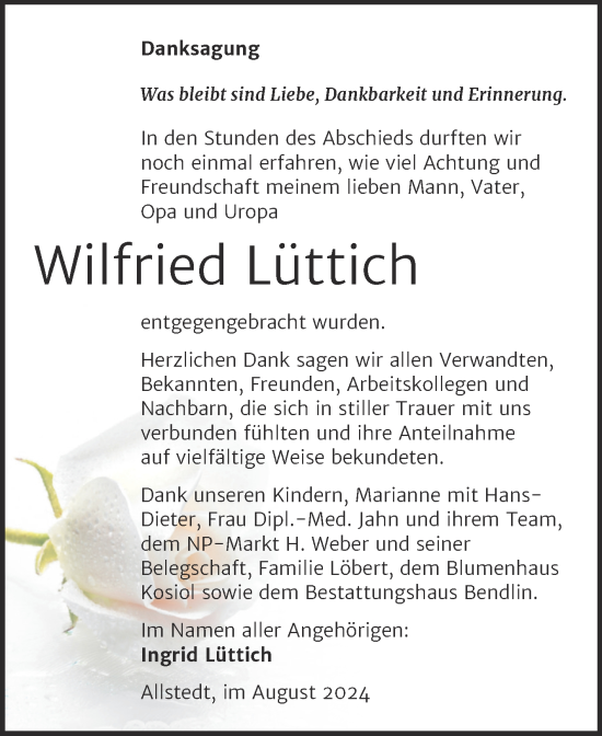 Traueranzeige von Wilfried Lüttich von Trauerkombi Sangerhausen