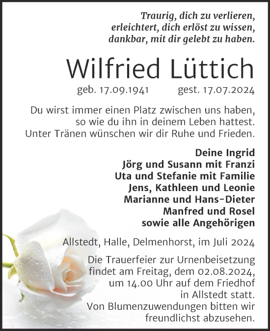 Traueranzeige von Wilfried Lüttich von Trauerkombi Sangerhausen