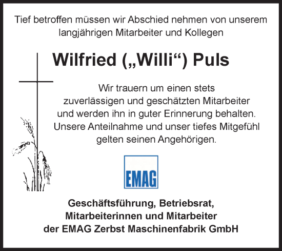 Traueranzeige von Wilfried Puls von Volksstimme Zerbst
