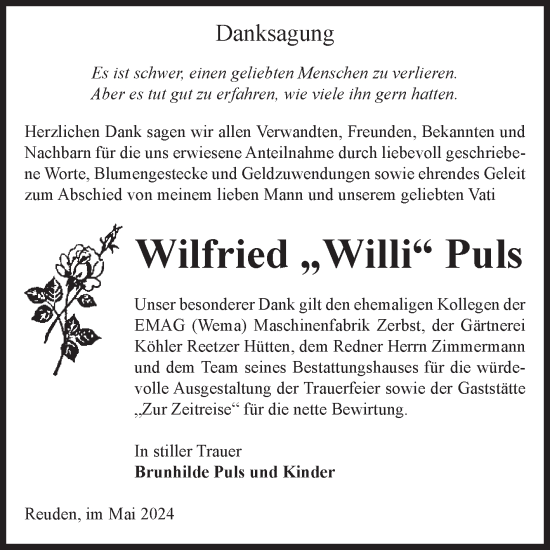 Traueranzeige von Wilfried Puls von Volksstimme Zerbst