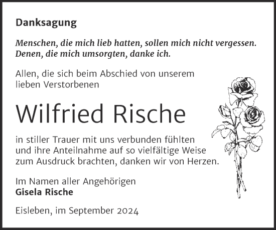 Traueranzeige von Wilfried Rische von Trauerkombi Mansfelder Land