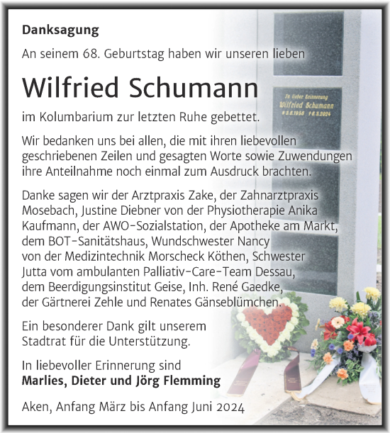 Traueranzeige von Wilfried Schumann von Trauerkombi Köthen