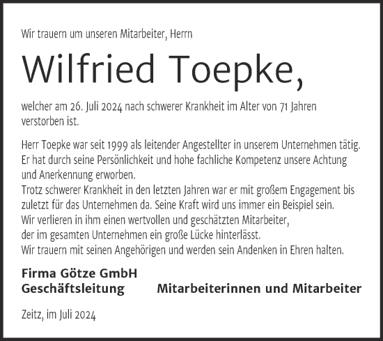 Traueranzeige von Wilfried Toepke von Super Sonntag Zeitz