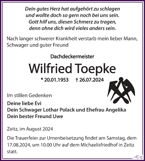 Traueranzeige von Wilfried Toepke von Trauerkombi Zeitz