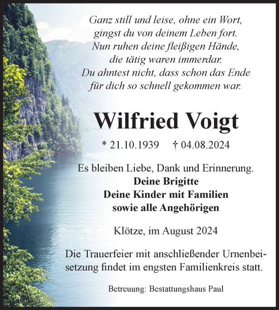 Traueranzeige von Wilfried Voigt von Volksstimme Altmark West