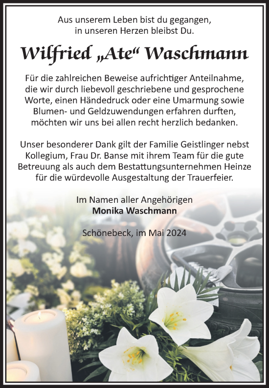 Traueranzeige von Wilfried Waschmann von Volksstimme Schönebeck