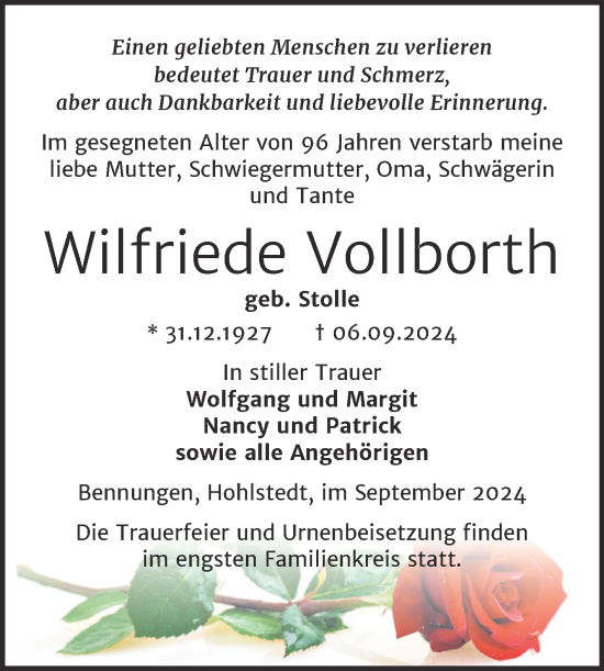 Traueranzeige von Wilfriede Vollborth von Trauerkombi Sangerhausen
