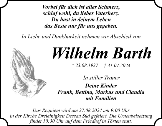 Traueranzeige von Wilhelm Barth von Trauerkombi Dessau