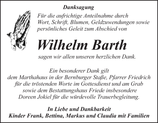Traueranzeige von Wilhelm Barth von Trauerkombi Dessau