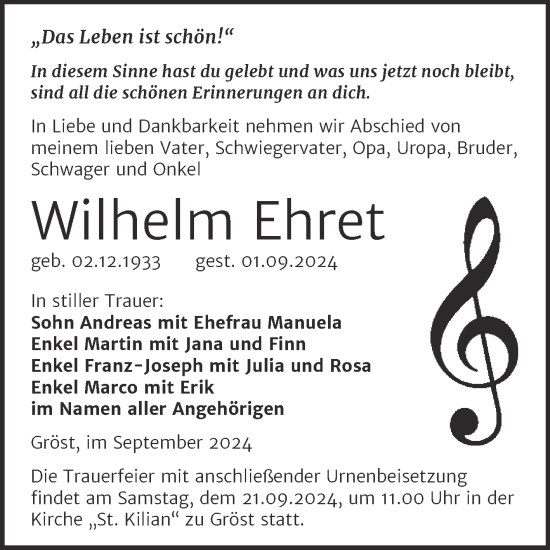 Traueranzeige von Wilhelm Ehret von Trauerkombi Merseburg
