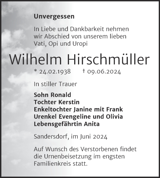Traueranzeige von Wilhelm Hirschmüller von Trauerkombi Bitterfeld