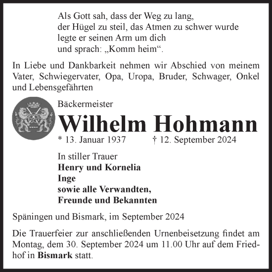 Traueranzeige von Wilhelm Hohmann von Volksstimme Altmark Ost