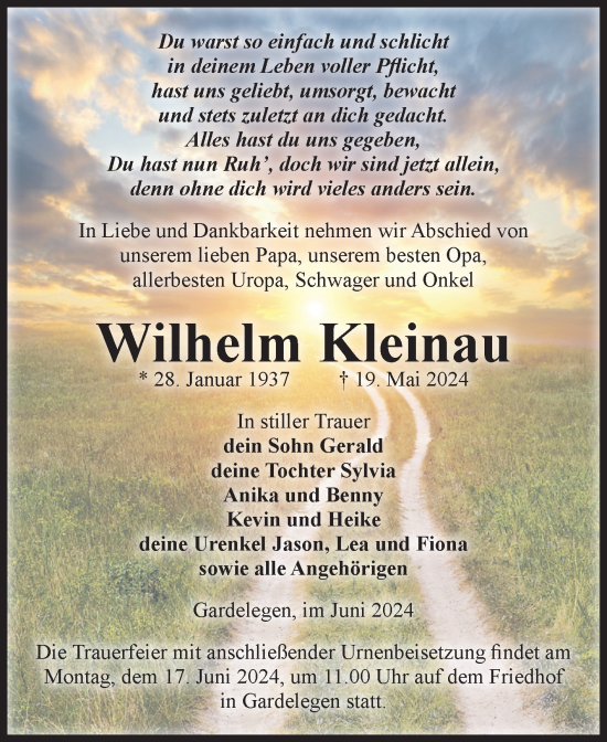 Traueranzeige von Wilhelm Kleinau von Volksstimme Altmark West