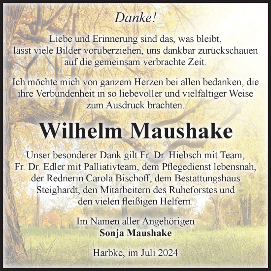 Traueranzeige von Wilhelm Maushake von Volksstimme Oschersleben/Wanzleben