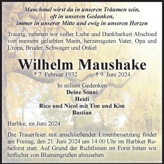 Traueranzeige von Wilhelm Maushake von Volksstimme Oschersleben/Wanzleben