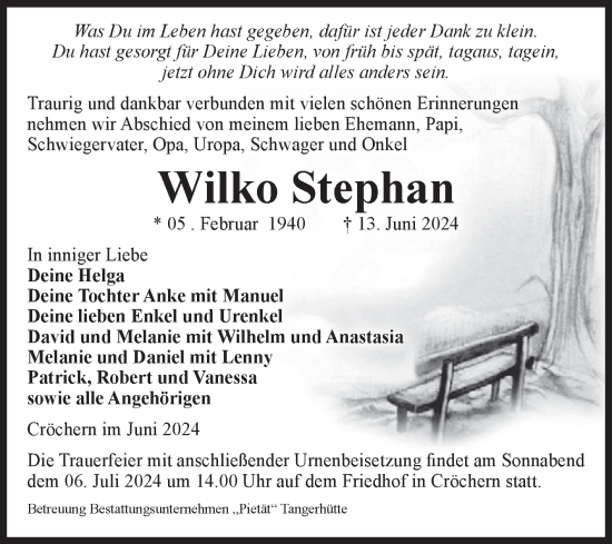 Traueranzeige von Wilko Stephan von Volksstimme Altmark Ost