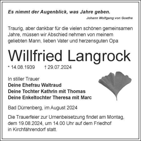 Traueranzeige von Willfried Langrock von Trauerkombi Merseburg