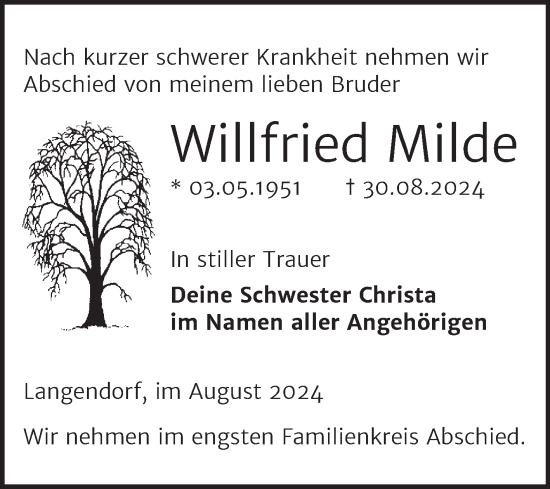 Traueranzeige von Willfried Milde von Trauerkombi Weißenfels