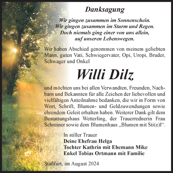 Traueranzeige von Willi Dilz von Volksstimme Staßfurt