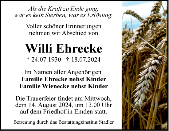 Traueranzeige von Willi Ehrecke von Volksstimme Haldensleben/Wolmirstedt